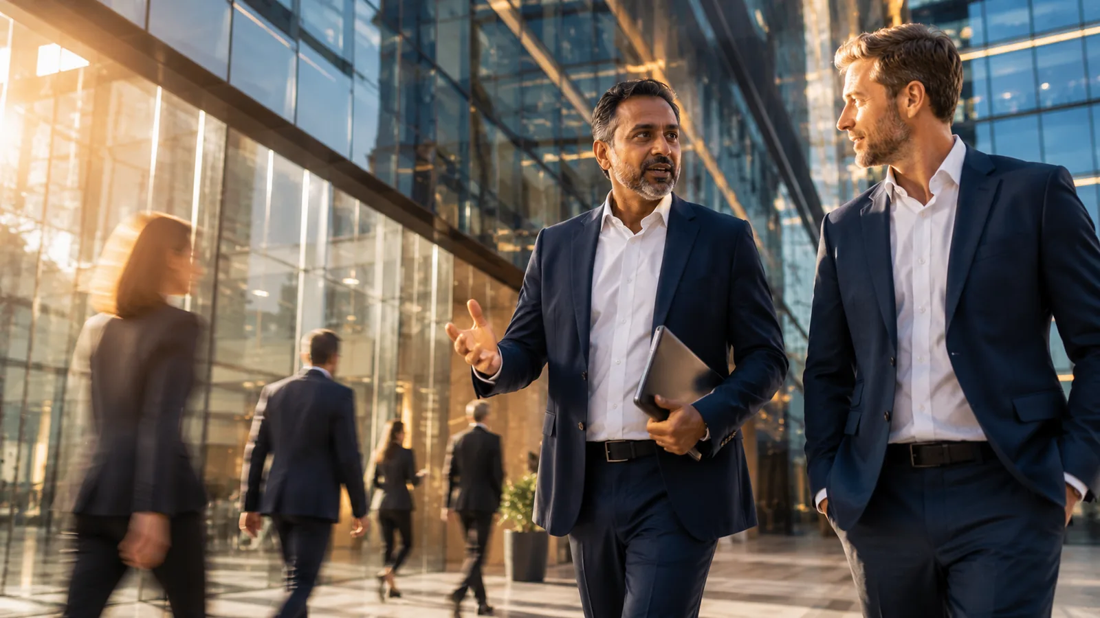 A solicitor and client walking and talking through a modern glass atrium - representing the fast-paced, personal service of SP Legal Solutions.