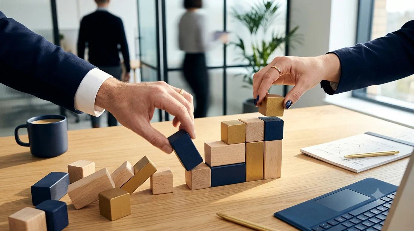 Professional at desk with building blocks in navy and gold colors, representing strategic planning and structure