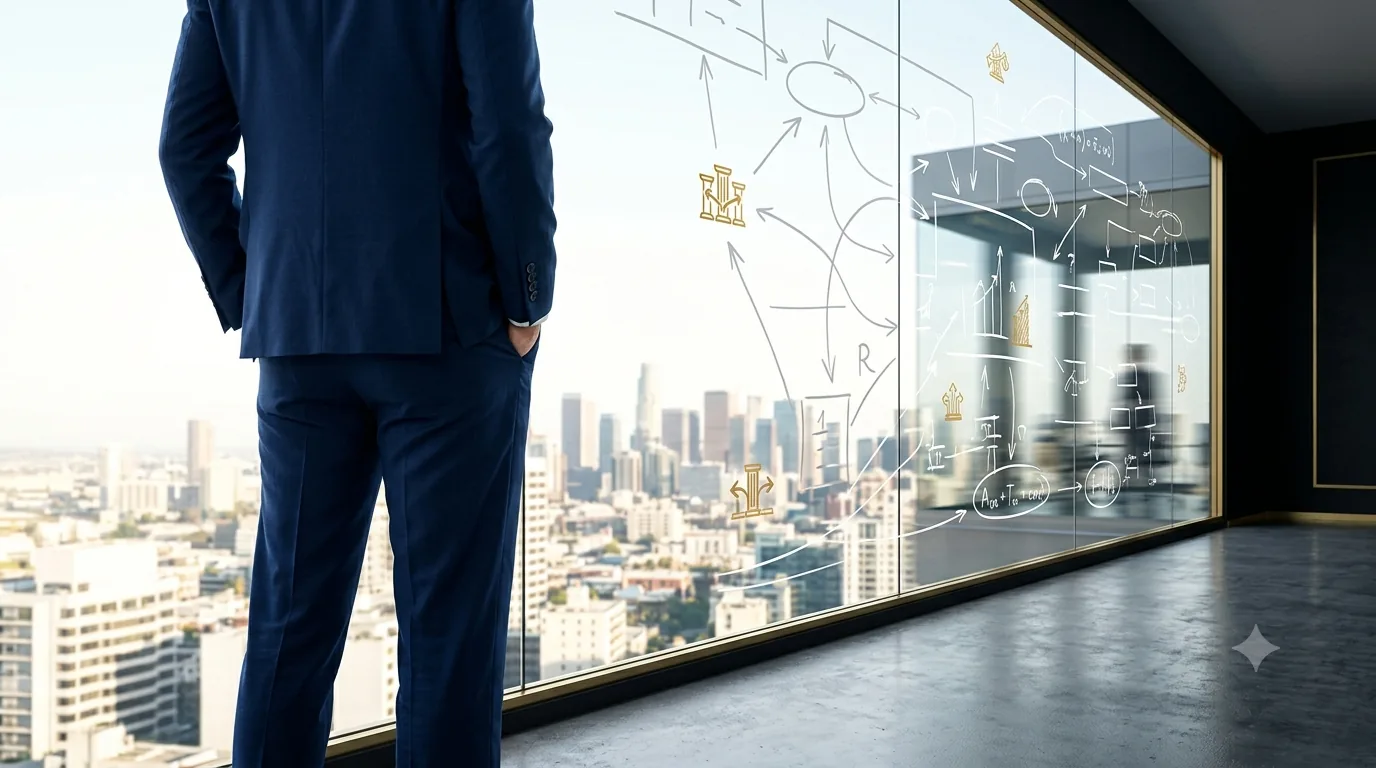 Two professionals discussing with city skyline view, representing leadership and expertise