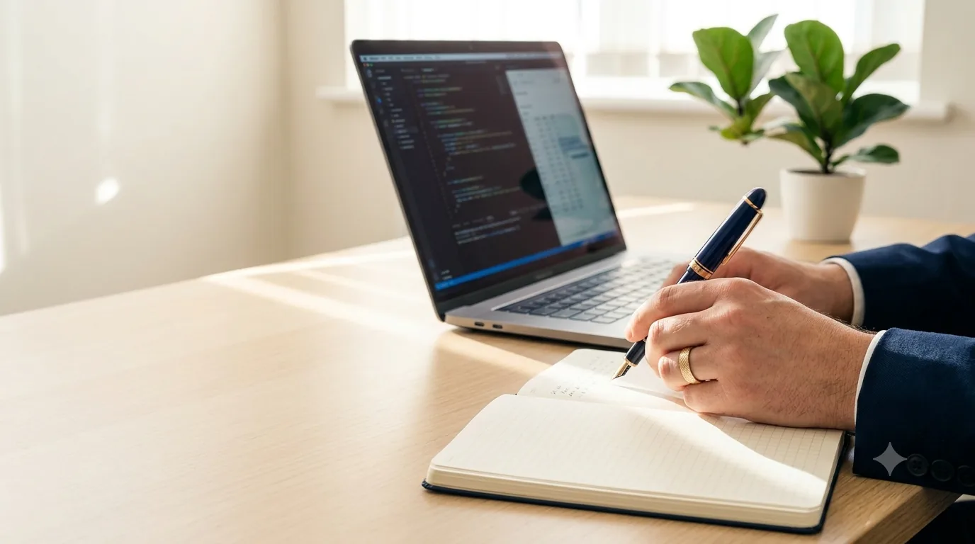 Professional working at desk with laptop, notebook, and plant in modern office
