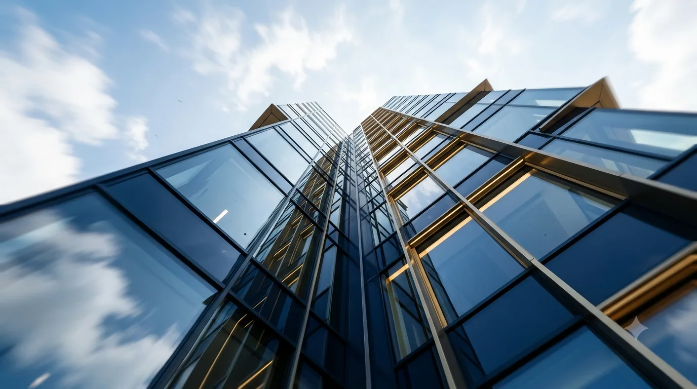 Modern glass building with gold-trimmed windows shot from below, representing professional excellence